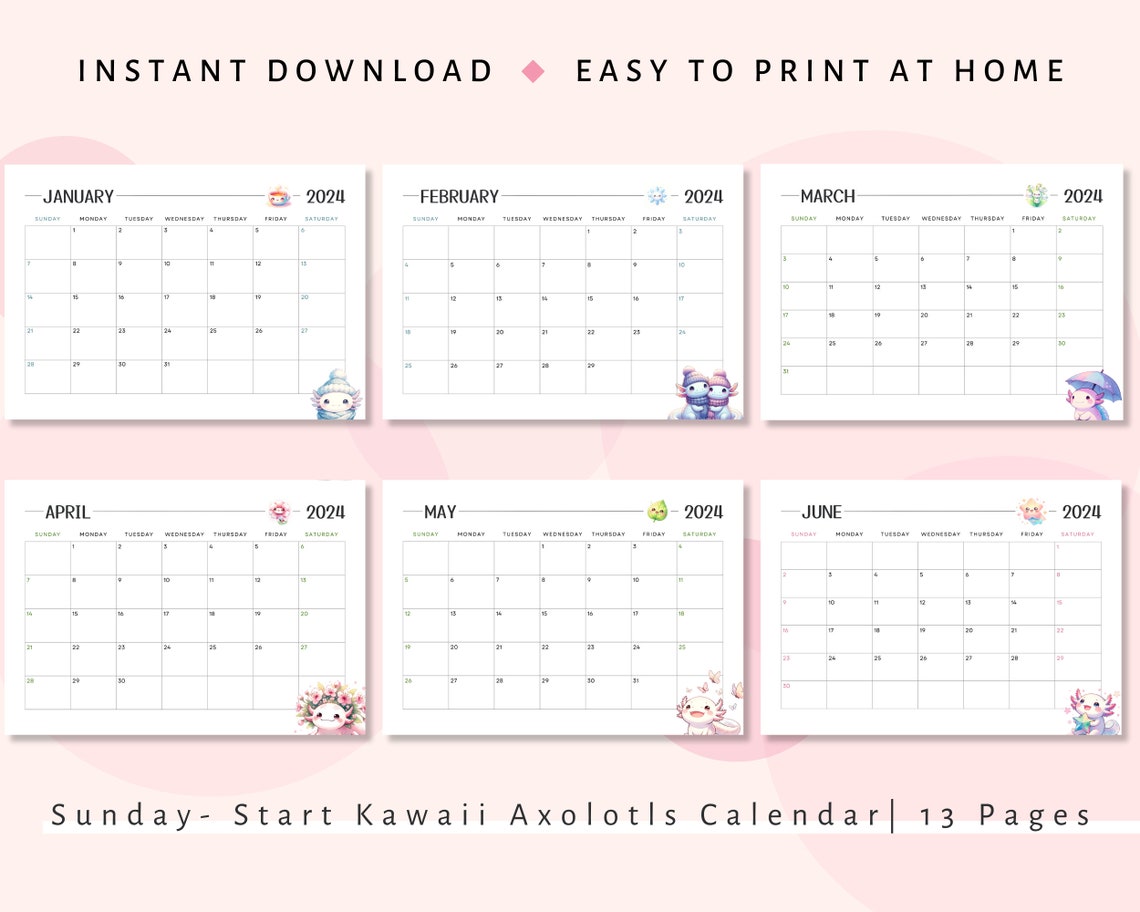 Kawaii Axolotls Monthly Printable Calendar 2024 | Sunday Start 2024 ...