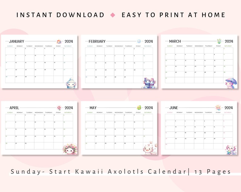 Kawaii Axolotls Monthly Printable Calendar 2024 | Sunday Start 2024 ...