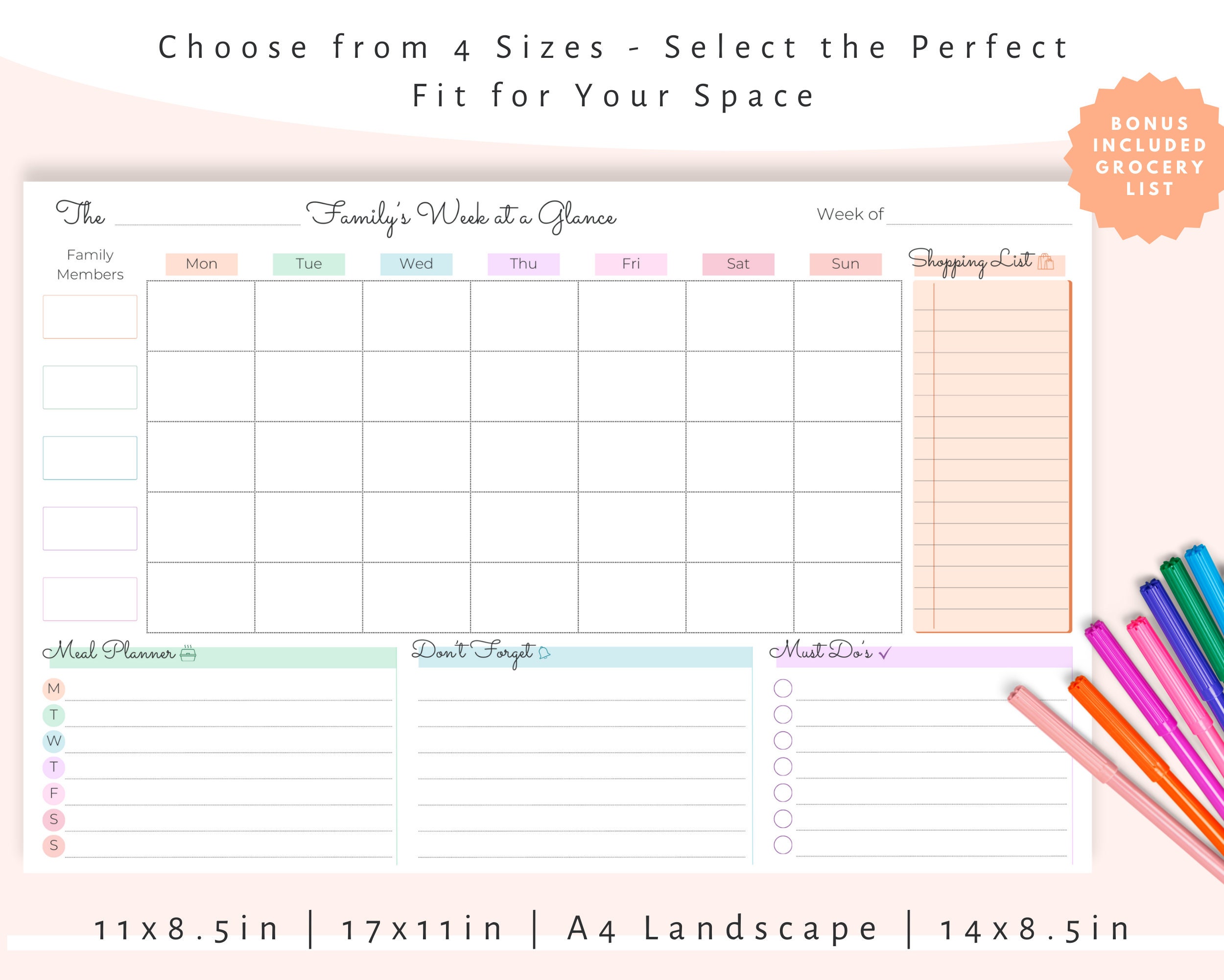 Weekly Family Planner Plus Grocery List Bonus Included | Family Planner ...