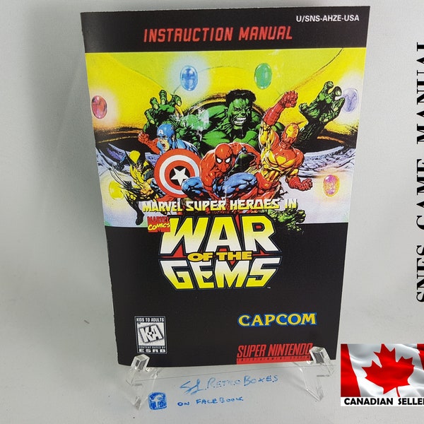 MARVEL WAR Of The GEMS Manual - Snes, Replacement Game Instruction Manual Booklet Superheroes