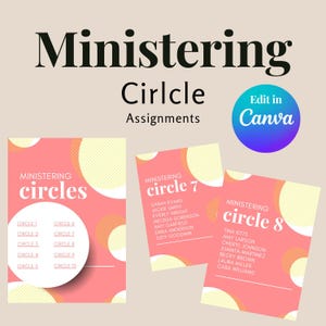 May include: A graphic design featuring the words "Ministering Circle Assignments" in a stylized font. The design includes pink and yellow elements, with the text "Edit in Canva" in a blue circle. There are also cards with the words "Ministering circles" and "circle 7" and "circle 8".