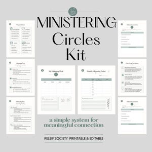 Può includere: Un kit stampabile intitolato "MINISTERING Circles Kit", con modelli per organizzare e monitorare le attività di ministero. Il design è minimalista, con una palette di colori tenui e una tipografia elegante. Il kit include diverse pagine.