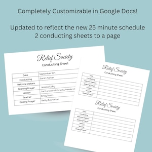 May include: A Relief Society Conducting Sheet template with two forms per page, featuring fields for date, conducting, welcome visitors, opening prayer, lesson, teacher, and closing prayer. The text includes "Relief Society Conducting Sheet".