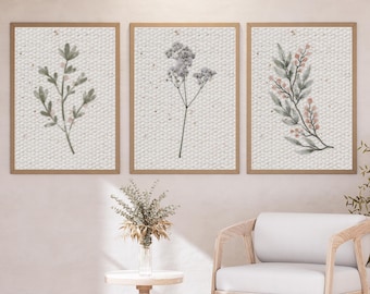 Druckbare botanische Wandkunst Set von 3 | Neutrale Blumen Digitaldrucke | Boho Minimalist Dekor