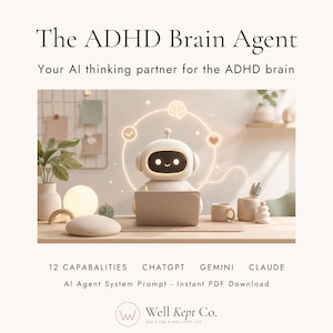 May include: An advertisement for "The ADHD Brain Agent" showing a robot with a laptop, surrounded by glowing lines and icons. The image includes text about AI capabilities and a company logo. The robot is on a desk.