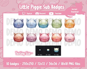 May include: A set of ten colorful pig-shaped badges in various shades of blue, green, orange, and pink. The badges are designed for use on platforms like Twitch, Discord, and YouTube. The image includes text that says "Little Piggie Sub Badges" and "Testing Size".