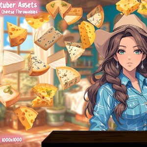 Könnte beinhalten: Eine digitale Illustration einer Comicfigur, die ein blau-weiß kariertes Hemd und einen Cowboyhut trägt. Die Figur ist von verschiedenen Käsesorten umgeben, darunter Blauschimmelkäse, Cheddar und Brie. Der Text "Vtuber Assets 20 Cheese Throwables" wird oben im Bild angezeigt.