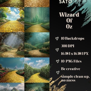 May include: A digital art collection featuring ten backdrops inspired by The Wizard of Oz. The images showcase the iconic yellow brick road winding through various landscapes, with a resolution of 16384 x 16384 pixels and 300 DPI. The collection includes 10 PNG files.