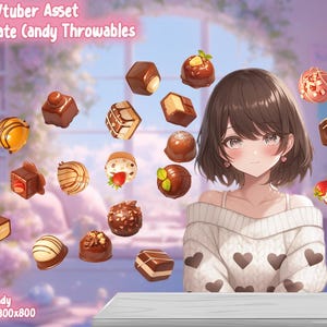 Op de afbeelding: Een set van 20 chocolade snoepjes om te gooien, met verschillende vormen en ontwerpen, waaronder harten, swirls en aardbeien. De snoepjes zijn gerangschikt rond een cartoon anime meisje met bruin haar. De tekst "Vtuber Asset 20 Chocolate Candy Throwables" staat bovenaan de afbeelding. De tekst "TiT's Ready 20 PNG files - 800x800" staat onderaan de afbeelding.