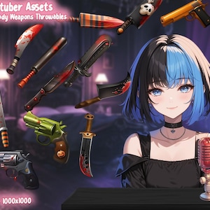 May include: Digital art featuring a collection of 20 bloody weapon throwables, including knives, a cleaver, and guns. The image also includes a cartoon anime girl with black and blue hair, and the text "Vtuber Assets".