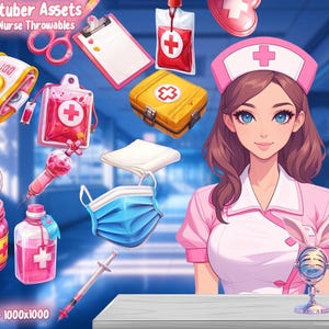 Puede incluir: Ilustración de una enfermera con elementos médicos. La imagen incluye una enfermera con uniforme y gorro rosa, junto con herramientas médicas como jeringas, bolsas de sangre y un botiquín. El texto "Vtuber Assets Nurse Throwables" es visible.