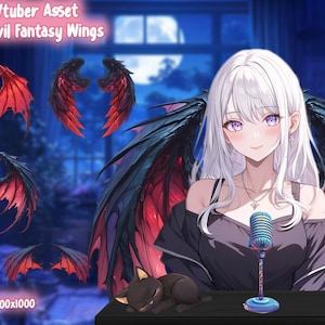 May include: Four digital illustrations of red and black devil wings. The wings are in various poses and are suitable for use as virtual assets. The text "Vtuber Asset 4 Devil Fantasy Wings" is at the top of the image.