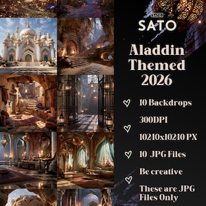 Può includere: Un collage di arte digitale con scene di Aladdin, tra cui un palazzo, un mercato e una grotta. L'immagine include il testo "SATO Aladdin Themed 2026" e dettagli sul prodotto, come "10 Backdrops" e "10 JPG Files."