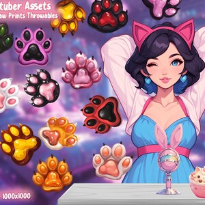 以下が含まれることがあります： 様々な色の20個の足跡グラフィックと、猫耳をつけたアニメスタイルの女性が描かれたデジタルアート。テキスト「Vtuber Assets」と「20 Paw Prints Throwables」が表示されています。