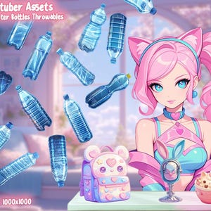 May include: Digital illustration of a pink-haired anime character with cat ears, surrounded by blue water bottles. A backpack, microphone, and a cup of dessert are also present. Text reads "Vtuber Assets" and "20 Water Bottles Throwables".