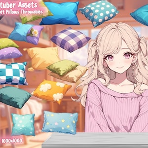 Puede incluir: Una colección de 20 almohadas blandas y coloridas con varios patrones, incluyendo lunares, cuadros y nubes. Las almohadas están dispuestas alrededor de una joven con el pelo largo y rubio, que lleva un suéter rosa. El texto "Vtuber Assets 20 Soft Pillows Throwables" está en la parte superior de la imagen.