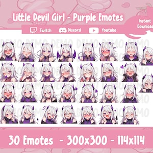 30 Little Devil Girl Emotes fioletowy styl, Discord, Twitch Pobierz Cyfrowe, Gotowe do użycia, Słodkie, Pliki PNG