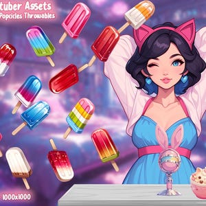 Peut inclure: Illustration numérique d'une femme avec des oreilles de chat et une robe bleue, entourée d'illustrations de glaces colorées. L'image contient le texte "Vtuber Assets" et "20 Popcicles Throwables". Une tasse rose et un verre décoratif sont également visibles.
