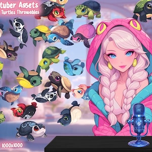 Puede incluir: Ilustración de una mujer con cabello largo trenzado y una chaqueta rosa con capucha de serpiente, rodeada de 20 tortugas de dibujos animados. Un micrófono azul y un globo de cristal con coral están sobre una superficie negra. Texto: "Vtuber Assets" y "20 Turtles Throwables".