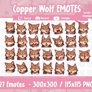 May include: A set of 27 animated emotes featuring a copper-colored wolf with different expressions. The emotes are designed for use on Twitch, Discord, and YouTube. The emotes are 300x300 pixels and 115x115 pixels in size.