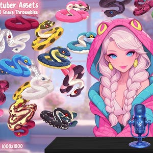 Puede incluir: Ilustración digital con 20 serpientes lanzables de varios colores y patrones. Una mujer con cabello rosado y una sudadera con capucha con temática de serpiente está en la imagen. El texto "Vtuber Assets" y "20 Snake Throwables" es visible.