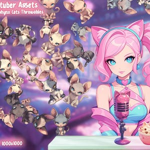 Op de afbeelding: Digitale kunst met een rozeharige anime-stijl karakter met blauwe ogen en een microfoon. De afbeelding bevat cartoon Sphynx katten en de tekst "Vtuber Assets" en "20 Sphynx Cats Throwables".