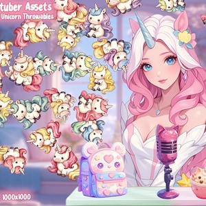 Peut inclure: Illustration numérique avec des licornes de dessin animé colorées. L'image comprend une femme aux cheveux roses, un microphone, un sac à dos et le texte "Vtuber Assets 20 Unicorn Throwables".