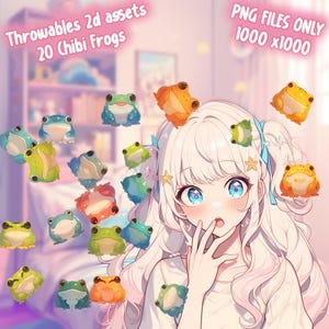 May include: A digital illustration of a young woman with long white hair and blue eyes. She is surrounded by 20 cartoon frogs in various colors, including green, blue, orange, and yellow. The image is labeled "Throwables 2d assets 20 Chibi Frogs" and "PNG FILES ONLY 1000 x1000".