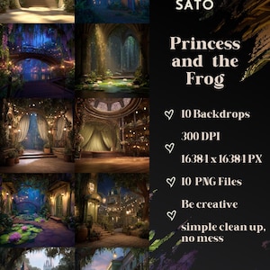 May include: A digital art product featuring a collection of 10 backdrops inspired by "Princess and the Frog." The image showcases various scenes, including a forest, a stage, and a bridge, with a resolution of 16384 x 16384 pixels. The product includes 10 PNG files.
