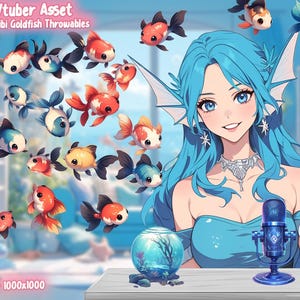 May include: A digital illustration of a blue-haired mermaid character with a microphone and a fishbowl. The image also features 20 animated goldfish, each with a unique design. The text "Vtuber Asset 20 Chibi Goldfish Throwables" is displayed at the top of the image. The text "20 PNG files - 1000x1000" is displayed at the bottom of the image.