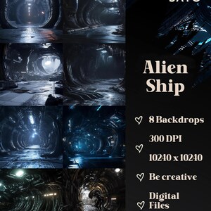 Könnte beinhalten: Digitales Kunstwerk mit acht Hintergrundbildern eines Alien-Schiffs. Die Bilder zeigen dunkle, metallische Korridore mit leuchtenden Lichtern, die eine Science-Fiction-Atmosphäre erzeugen. Die Auflösung beträgt 10240 x 10240 Pixel bei 300 DPI. Der Text lautet "Alien Ship".