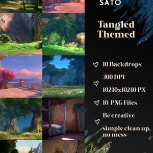 May include: A digital art collection with ten Tangled-themed backdrops. The images depict diverse scenes, including landscapes and interiors. The collection includes 10 PNG files, 300 DPI, and a resolution of 10240x10240 pixels.