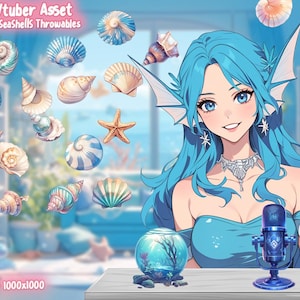 May include: A digital illustration of a blue-haired anime character with a mermaid tail, wearing a blue dress and holding a microphone. The character is surrounded by seashells, starfish, and other ocean-themed objects. The text "Vtuber Asset 25 Seashells Throwables" is at the top of the image.