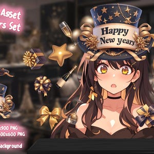 May include: Digital art featuring a New Year's theme with a cartoon character wearing a top hat with "Happy New Years" text. Includes a party hat, gifts, champagne, and star-shaped balloons. The image has a transparent background.
