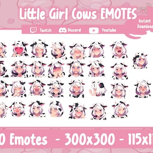 Könnte beinhalten: Eine Sammlung von 30 digitalen Emotes mit Anime-Charakteren in Kuh-Outfits. Die Emotes zeigen verschiedene Ausdrücke und sind sofort zum Download verfügbar. Der Text "Little Girl Cows EMOTES" ist im Bild enthalten.