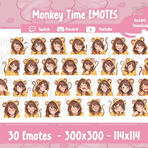 Peut inclure: Un ensemble de 30 émoticônes animées représentant un personnage de dessin animé avec des cheveux bruns portant un sweat-shirt jaune avec des oreilles de singe. Les émoticônes mesurent 300x300 pixels et 114x114 pixels. Les émoticônes sont conçues pour être utilisées sur Twitch, Discord et Youtube.