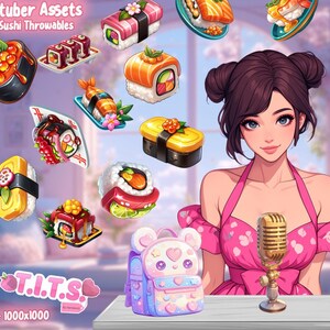 May include: Digital art featuring a variety of sushi rolls and a woman with dark hair and a pink dress. A gold microphone, a backpack, and a glass sphere are also present. Text reads "Vtuber Assets Sushi Throwables" and "T.I.T.S."