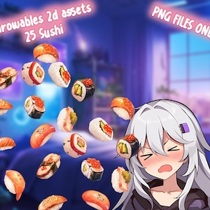 Op de afbeelding: Een digitale illustratie van een jonge vrouw met wit haar en een paarse hoofdband, die er gefrustreerd uitziet omdat ze wordt gebombardeerd door een verscheidenheid aan sushi-rollen. De tekst "Throwables 2d assets 25 Sushi" staat in de linkerbovenhoek van de afbeelding. De tekst "PNG FILES ONLY" staat in de rechterbovenhoek van de afbeelding.