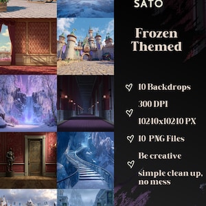 May include: A digital art collage featuring scenes from the movie "Frozen." The image includes a castle, a snowy landscape, and interior settings. Text on the right side reads "Frozen Themed" and lists features like 10 backdrops and 10 PNG files.