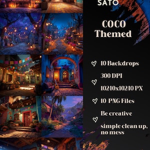 Op de afbeelding: Een digitale kunstafbeelding met een "Coco" thema, met verschillende achtergronden. De afbeelding bevat tekst: "SATO", "COCO Themed", "10 Backdrops", "300 DPI", "10240x10240 PX", "10 PNG Files", "Be creative" en "simple clean up, no mess".