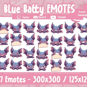 以下が含まれることがあります： 異なる表情をした青いコウモリの27個の絵文字のセット。絵文字はグリッド形式で配置されており、Twitch、Discord、YouTube で利用できます。絵文字は 300x300 ピクセルまたは 125x125 ピクセルです。