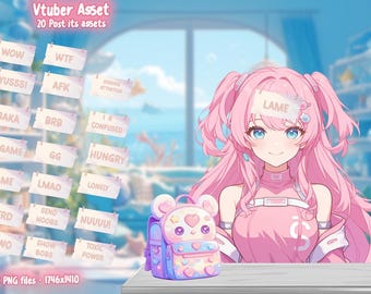 May include: A set of 20 pink and white post-it notes with various phrases written on them, such as "WOW", "WTF", "YUSSS!" and "BAKA". The notes are arranged in a grid pattern on a light blue background. The image also includes a cartoon character with pink hair and a pink backpack.