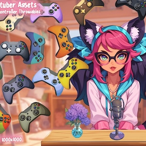 May include: An illustration featuring a cartoon character with pink hair and glasses, surrounded by colorful video game controllers. The image includes the text "Vtuber Assets" and "20 Controller Throwables."