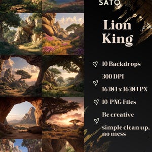 Puede incluir: Un producto de arte digital con diez fondos de "El Rey León". Las imágenes muestran diversos paisajes, incluyendo bosques, terrenos rocosos y vistas panorámicas. El producto incluye 10 archivos PNG con una resolución de 16384 x 16384 píxeles a 300 DPI.