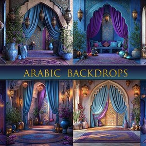 Op de afbeelding: Vier digitale achtergronden met een blauwe en paarse Arabische kamer met sierlijke bogen, gordijnen en lantaarns. De tekst "ARABIC BACKDROPS" wordt onderaan de afbeelding weergegeven.