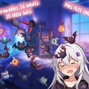Może przedstawiać: Cyfrowa ilustracja 20 kreskówkowych nietoperzy w różnych pozach, z tekstem "Throwables 2d assets 20 little bats" i "PNG FILES ONLY" w tle. Nietoperze są w odcieniach fioletu, różu, pomarańczy i brązu.