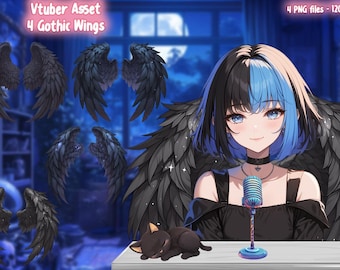 May include: A digital illustration of a young woman with black and blue hair wearing a black shirt and a black choker necklace. She is sitting in front of a microphone with a black cat sleeping on a white table in front of her. The image includes four black gothic wings, each with a different design.