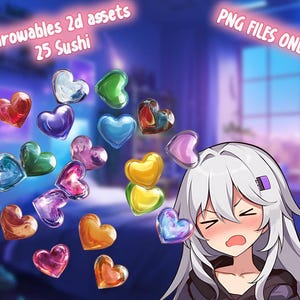 Peut inclure: Une collection de 25 pièces de sushi en forme de cœur colorées, avec une variété de couleurs, notamment le rouge, le bleu, le vert, le jaune et le violet. Les pièces de sushi sont disposées de manière aléatoire sur un fond blanc. Le texte "Throwables 2d assets 25 Sushi" est affiché en haut de l'image. Le texte "PNG FILES ONLY" est affiché en haut à droite de l'image.