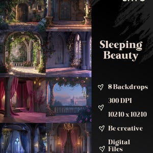 Peut inclure: Produit d'art numérique avec huit décors de la Belle au bois dormant. L'image présente des scènes de château et de jardin avec des détails architecturaux, des accents floraux et un éclairage doux. Le produit comprend des images à 300 DPI, 10240 x 10240 pixels.