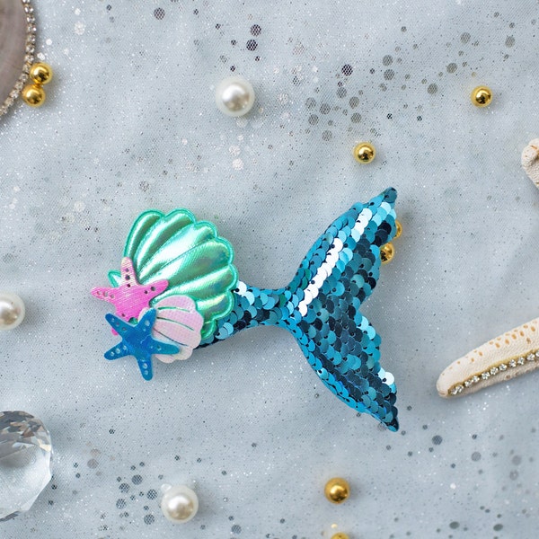 Summer Crystal Sparkling Sequins Mermaid Tail with Starry Shell Hair Clip For Girls